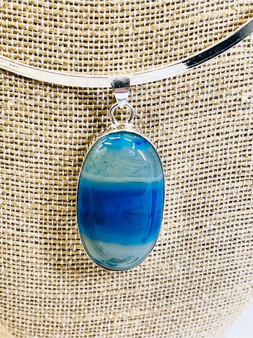 Blue Botswana Agate Oval Pendant Necklace in Sterling Silver